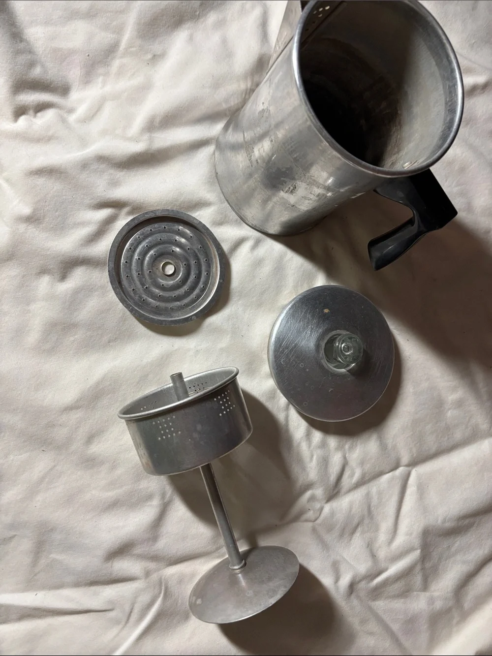Vintage Silver Aluminum Coffee Percolator with Black Handle